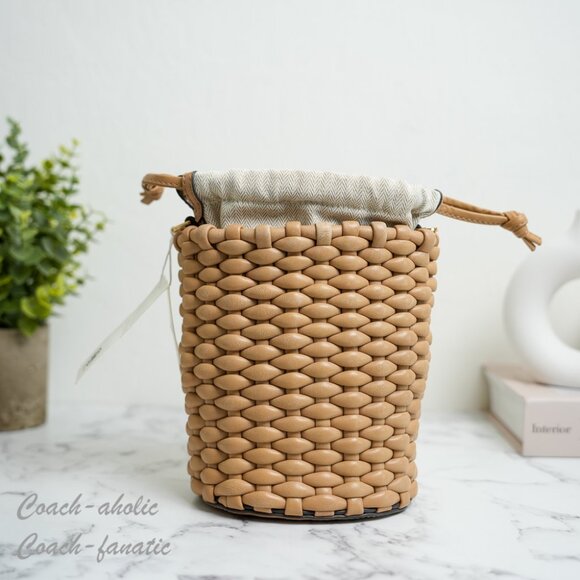 NWT  Tory Burch Emerson Woven Mini Bucket Bag in Ginger Shortbread 160648 - Picture 7 of 12